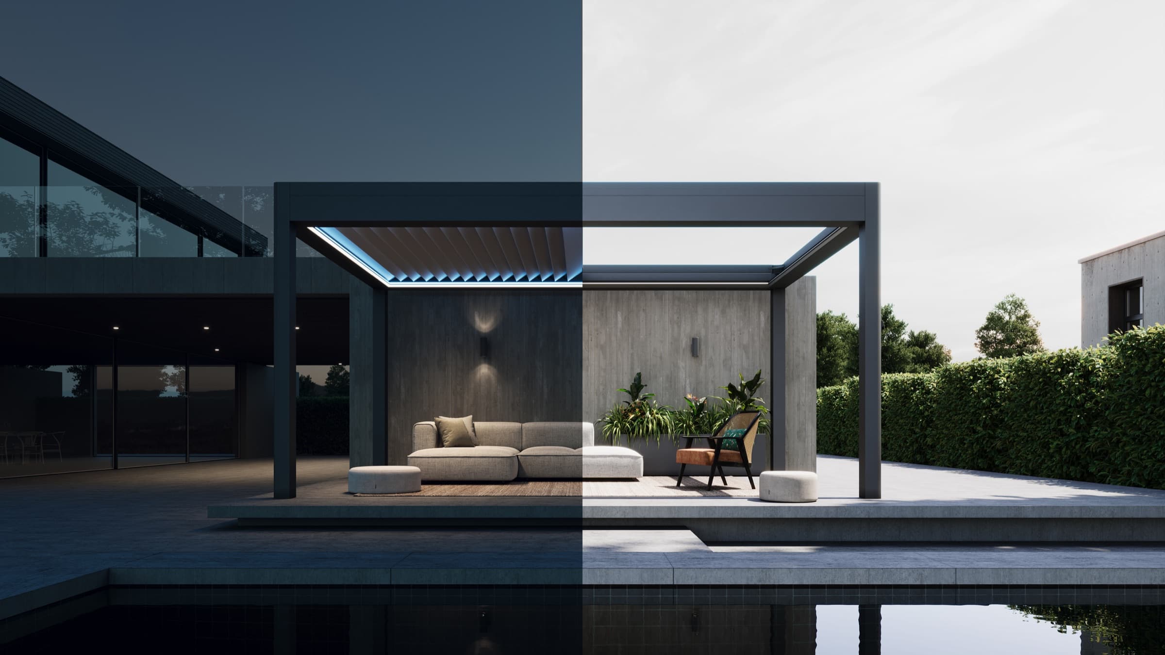Akşam aydınlatmasıyla bioklimatik pergola altındaki oturma alanı